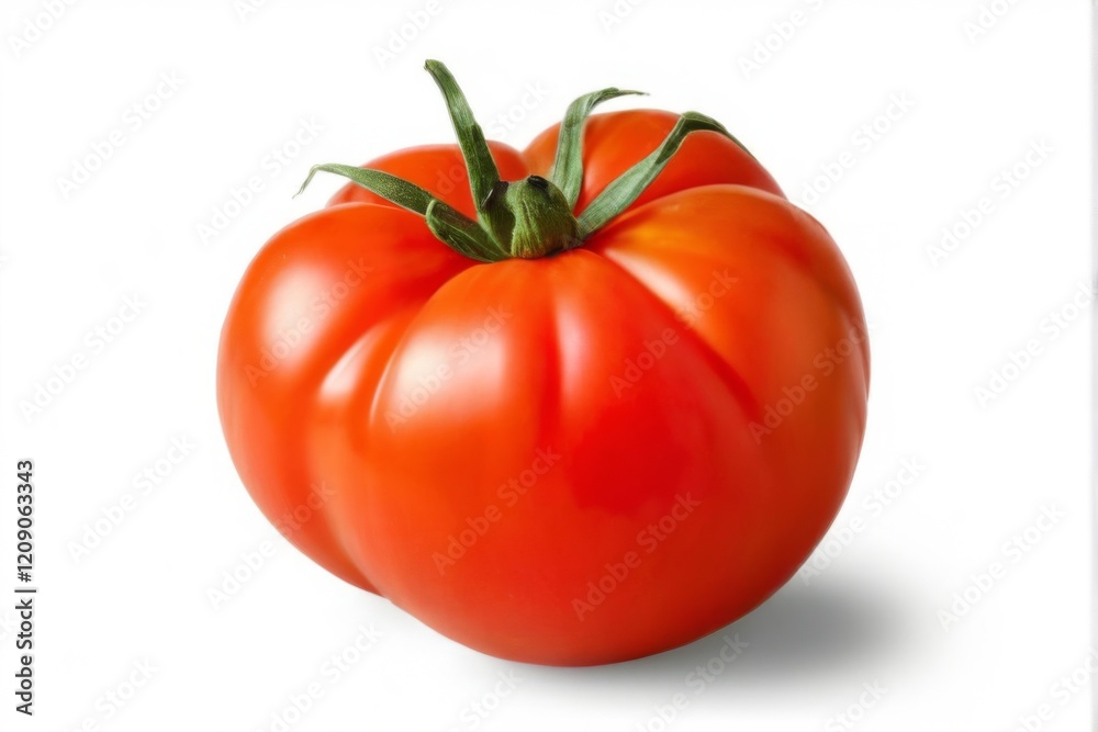 Vibrant red tomato closeup with green leaves on white background, showcasing round shape and fresh appearance. Vibrant red tomato closeup with green leaves on white background, showcasing round shape and fresh appearance.