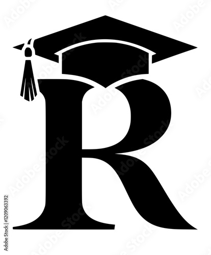 Graduation Cap on Letter R Symbol, Black and white illustration of the letter R wearing a graduation cap, representing education, academic success, and scholarly achievement.  
 
