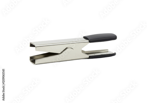 Metal staple remover with black accents isolated on white background