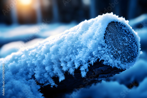 Nahaufnahme eines schneebedeckten Baumstamms mit frostigen Kristallen in winterlicher Atmosphäre  
 photo