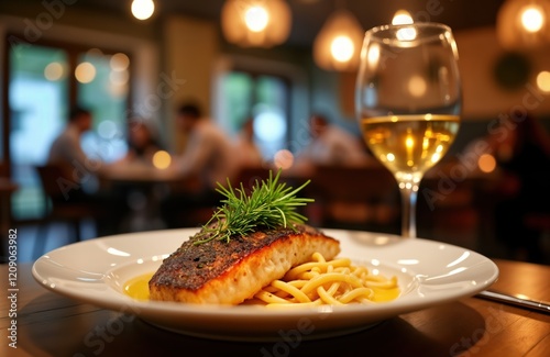 Romantic dinner scene in upscale eatery. Grilled fish served with pasta, white wine. People enjoying delicious meal at beautifully set table. Fine dining experience in sophisticated setting. Night