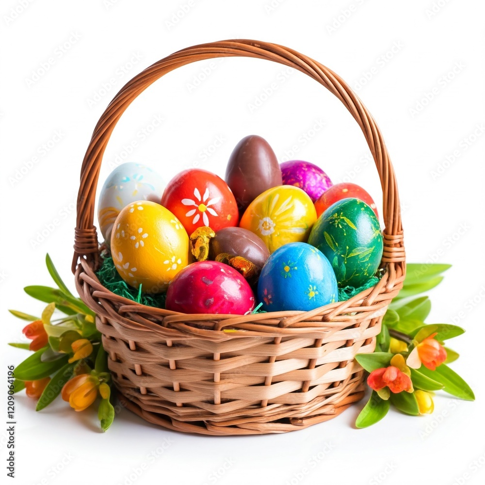 colorful easter eggs in wicker basket with yellow flowers isolated on white background colorful easter eggs in wicker basket with yellow flowers isolated on white background