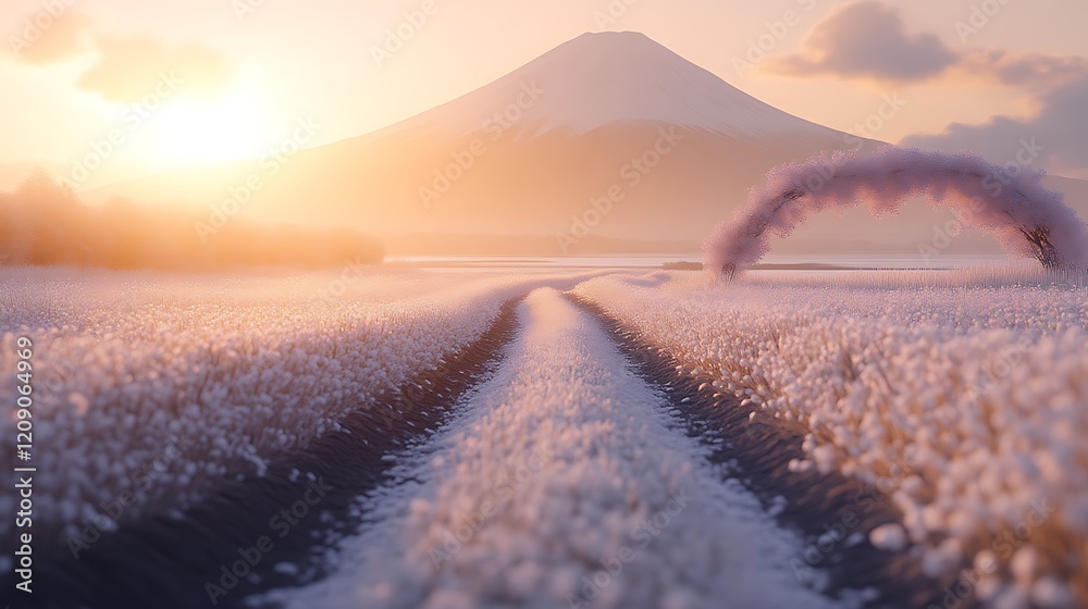 Fototapeta premium Serene Sunrise Path Mount Fuji Winter Field