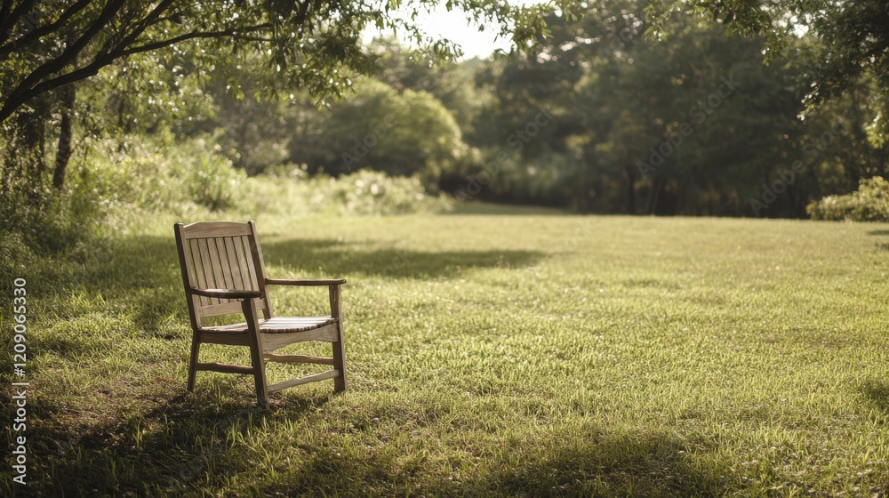 Serene wooden chair on grassy field under trees. Serene wooden chair on grassy field under trees.
