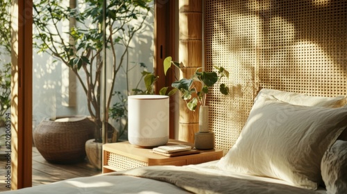 A serene bedroom scene with natural light, featuring greenery, a stylish nightstand, and cozy bedding.