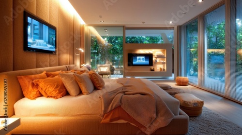 A modern bedroom featuring warm lighting, a comfortable bed, and large windows that provide a serene view of the outdoors.