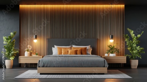 A modern bedroom featuring a wooden accent wall, stylish lighting, a cozy bed, and decorative plants, creating a warm and inviting atmosphere.