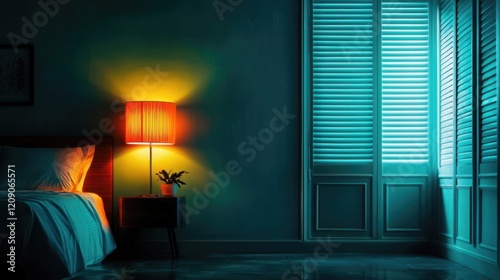 A serene bedroom scene with soft lighting from a lamp, contrasting with cool blue tones from shutters, creating a tranquil ambiance.