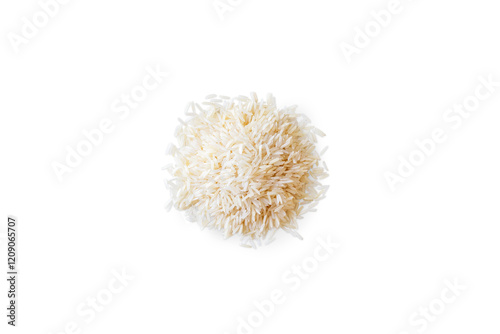 Closeup of a pile of organic basmati rice isolated on a transparent background with shadow from above, top view, png