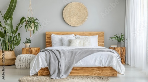 A serene bedroom featuring a wooden bed, cozy bedding, indoor plants, and soft textures, creating a tranquil and inviting atmosphere.