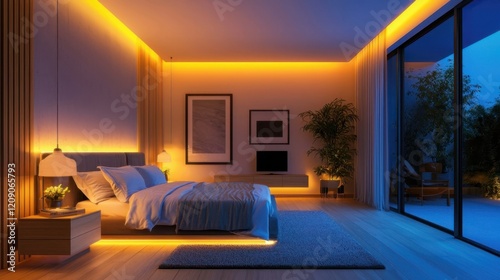 A stylish, modern bedroom illuminated by warm ambient lighting, featuring a large bed, decorative elements, and a view of the outdoors through glass doors.