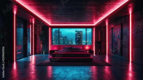 A modern bedroom with neon pink lighting, featuring large windows that showcase a city skyline at night.