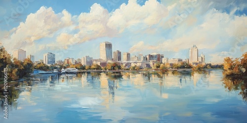 Skyline city view with reflections on water. Original oil painting on canvas,, Generative AI