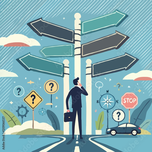 A businessman holding a briefcase, puzzled by an overwhelming number of empty signs at a crossroads, representing career or life decisions