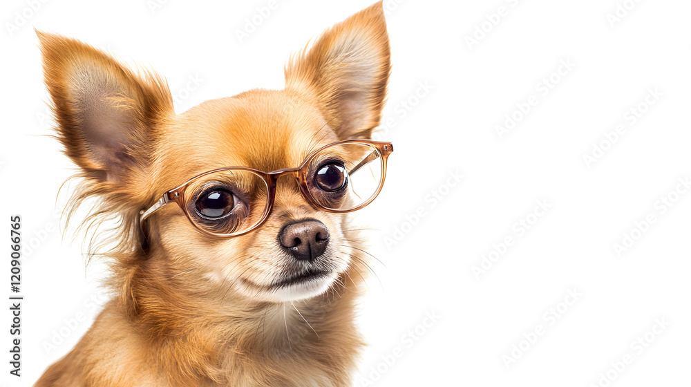 Fototapeta premium A Brainy Chihuahua: A portrait of a cute chihuahua wearing glasses, capturing the intelligent and inquisitive gaze of this tiny dog. 