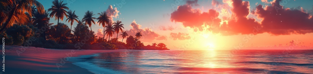 Obraz premium Tropical Palm Trees Summer Beach Landscape against Blue Sky Serene Vacation Paradise