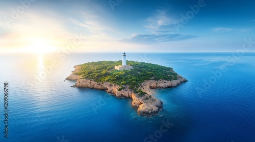 Serene Coastal Lighthouse on an Island Surrounded by Tranquil Blue Waters Under a Bright Sky at Sunrise, Perfect for Nature and Travel Photography