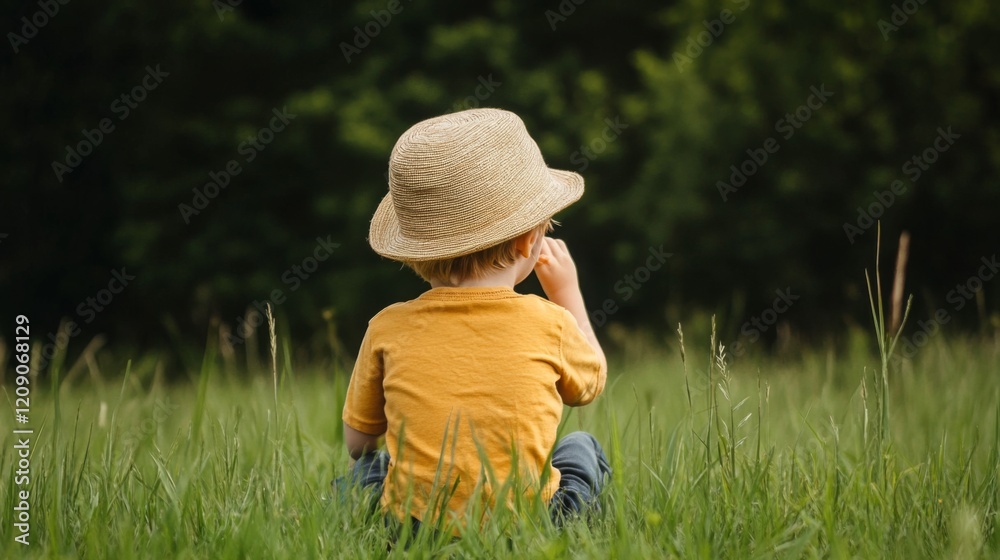 Toddler in straw hat sits in tall grass, back to camera. Toddler in straw hat sits in tall grass, back to camera.