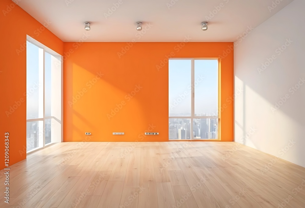 Modern Empty Room With Orange Wall and Hardwood Floor