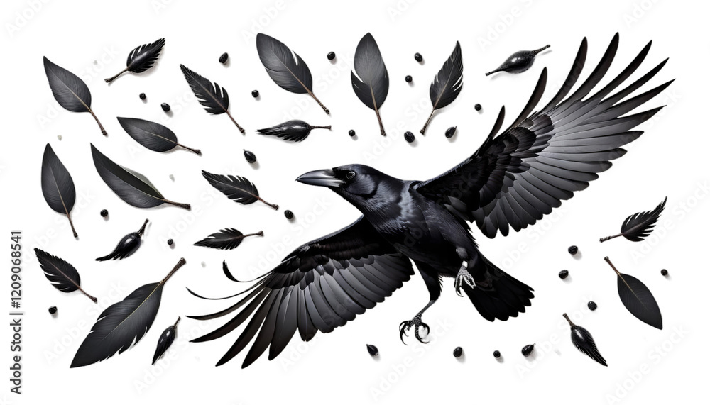 bird white isolated crow flying front illustration black raven animal tattoo drawing feather graphic silhouette watercolor wildlife element