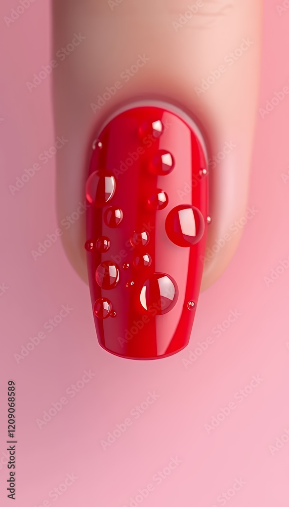 Close-up shot of a finger with red nail polish adorned with water droplets, creating a glossy and textured nail art design. The image is set against a soft pink background, enhancing the vibrant red c Close-up shot of a finger with red nail polish adorned with water droplets, creating a glossy and textured nail art design. The image is set against a soft pink background, enhancing the vibrant red c