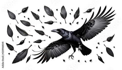 Obraz na płótnie bird white isolated crow flying front illustration black raven animal tattoo drawing feather graphic silhouette watercolor wildlife element w salonie
