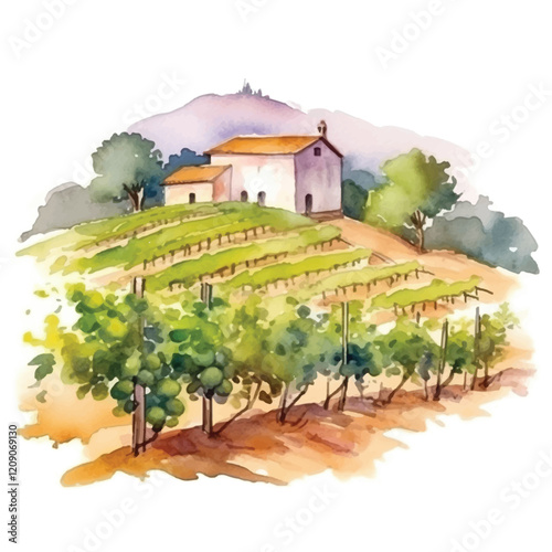 watercolors A picturesque vineyard with grapevines isolated illustration