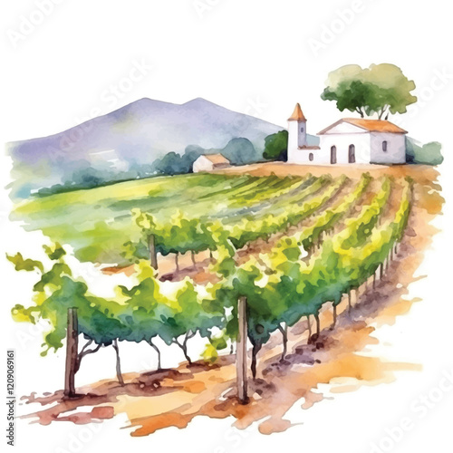 watercolors A picturesque vineyard with grapevines isolated illustration