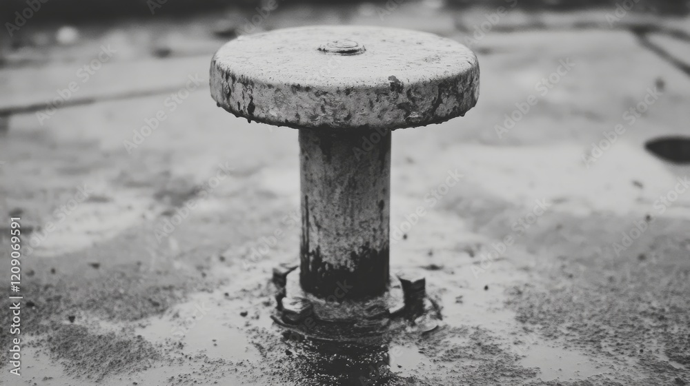 Weathered metal bollard on wet surface. Weathered metal bollard on wet surface.