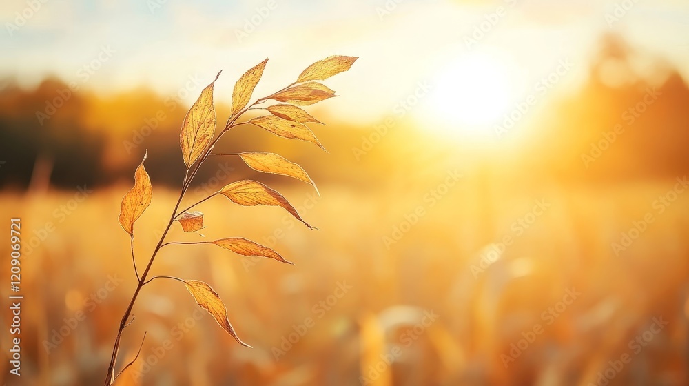 Golden Hour Serenity: Close-Up of a Leafy Stem Against a Warm Sunset Sky in a Calm Field with Soft Bokeh Effect, Emphasizing Nature’s Tranquil Beauty Golden Hour Serenity: Close-Up of a Leafy Stem Against a Warm Sunset Sky in a Calm Field with Soft Bokeh Effect, Emphasizing Nature’s Tranquil Beauty