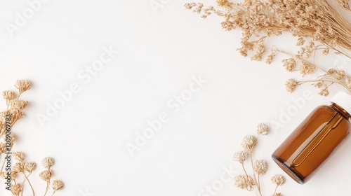 A bottle of essential oil accompanied by dried flowers is elegantly displayed on a pristine white surface, showcasing natural beauty and wellness. photo