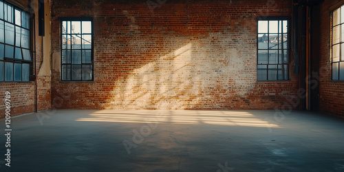 Ein leerer Loft-Raum mit einer Backsteinmauer bietet eine minimalistische und industrielle Kulisse und reichlich Platz für kreative und generative Designkonzepte. Hintergrund Fotostudio photo