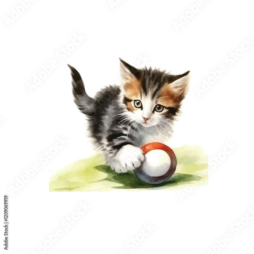 watercolors A playful kitten chasing a ball isolated illustration