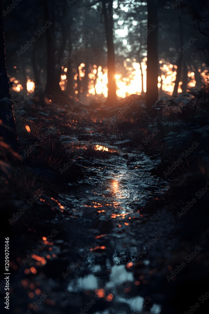 Obraz premium Sunset's Golden Glow on Forest Stream