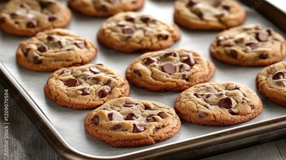 Golden brown chocolate chip cookies on baking sheet. Golden brown chocolate chip cookies on baking sheet.