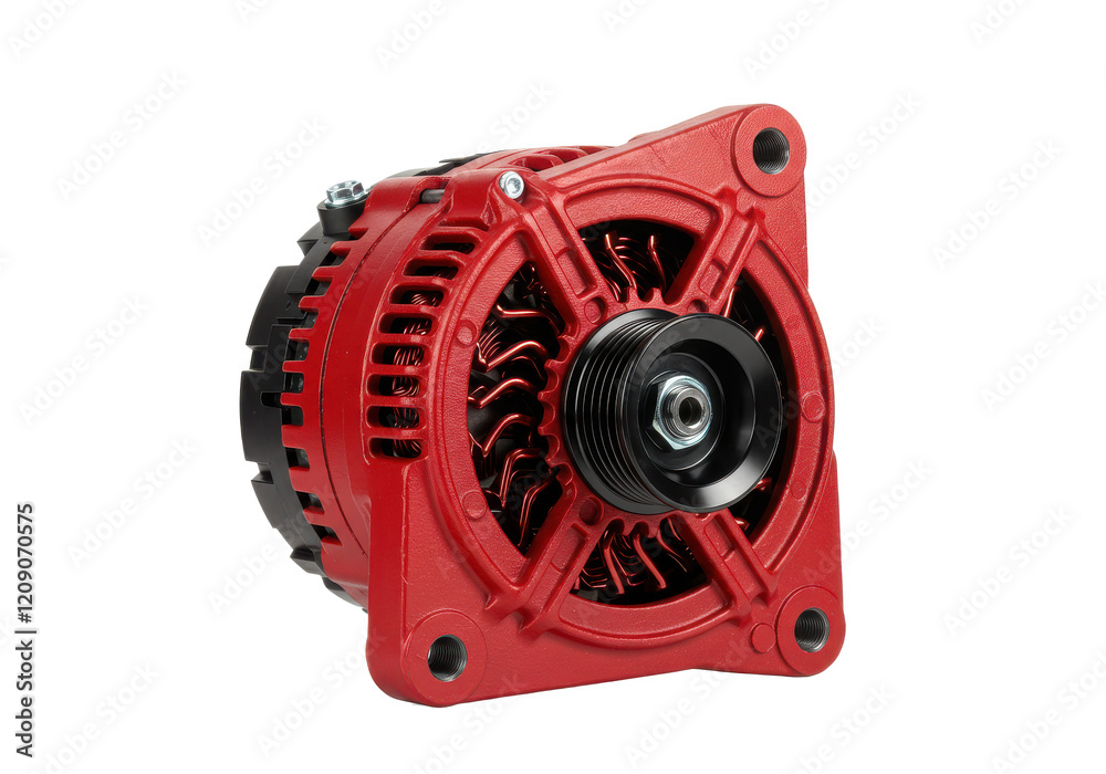 A modern red car alternator with detailed grooves and pulleys, isolated on white background A modern red car alternator with detailed grooves and pulleys, isolated on white background