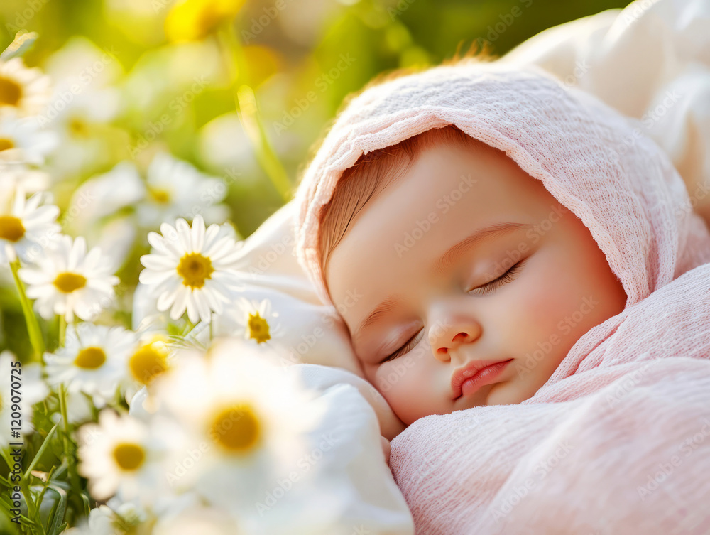 Sweet Baby Sleeping Peacefully Among Bright Daisies in a Serene Outdoor Setting Sweet Baby Sleeping Peacefully Among Bright Daisies in a Serene Outdoor Setting