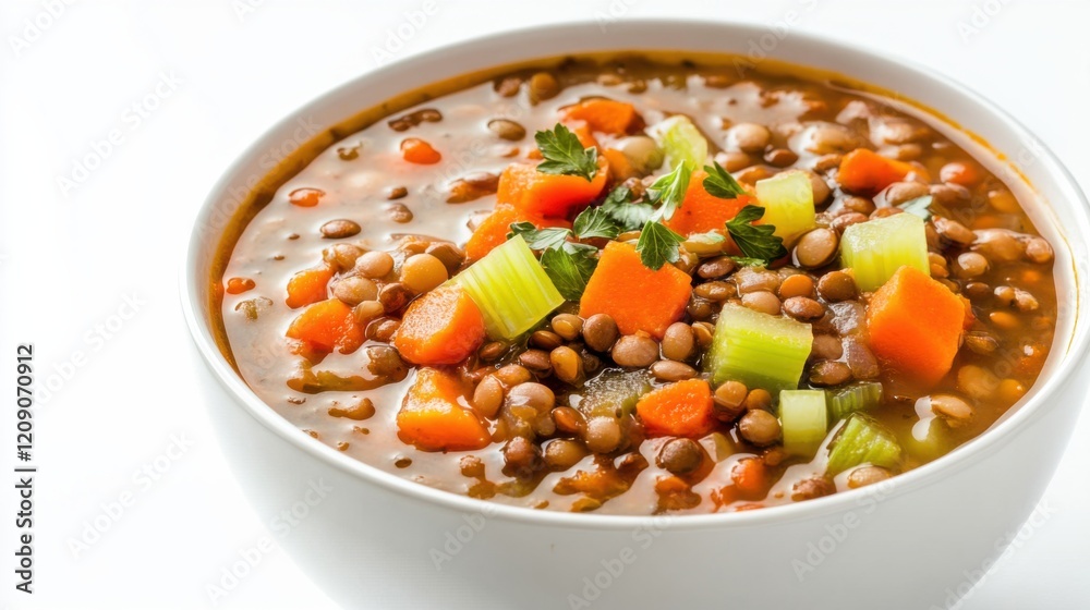 A bowl of hearty lentil soup with carrots, celery, and tomatoes A bowl of hearty lentil soup with carrots, celery, and tomatoes