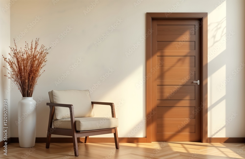 Fototapeta premium Modern living room interior. Wooden door, comfortable chair placed in corner. Sunlight streams in from window casting shadows on wooden floor. Empty space for decoration suggests stylish, cozy
