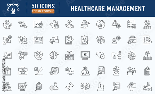 Healthcare management line editable icon set. Containing
as administration, analysis, assessment, budgeting,
coordination, , certification, compliance, consulting icon.
Vector Illustration
