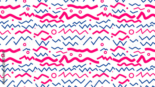 Vector illustration of Dynamic Lines and Shapes seamless pattern in pink and blue including simple circle dots, modern minimalist for design backgrounds, fabrics, prints, wallpapers, decorations