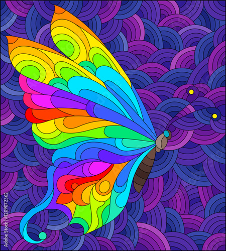 An illustration in the style of a stained glass window with a bright butterfly on a blue wavy background