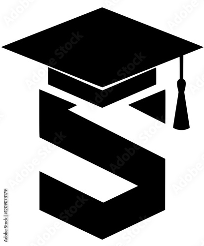 Graduation Cap on Letter S Symbol , Black and white illustration of the letter S wearing a graduation cap, symbolizing education, academic achievement, and scholarly success.  
 
 photo