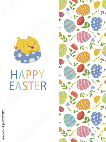 Greeting card with funny yellow chick and easter eggs on white background. Cute baby chicken with flowers and pawl eggs. Vector illustration for poster, invitation, card or fabric
