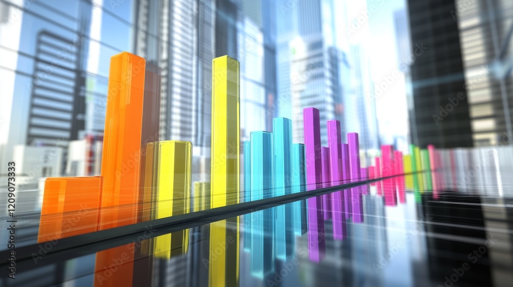 A D bar graph with tall, glossy pillars in various colors rising from a reflective surface, symbolizing financial growth and performance analysis A D bar graph with tall, glossy pillars in various colors rising from a reflective surface, symbolizing financial growth and performance analysis