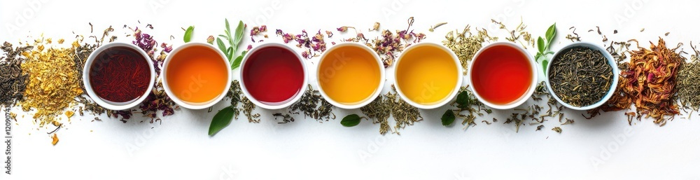 Colorful tea cups with herbal ingredients flat lay composition bright natural lighting health refreshment drinks Colorful tea cups with herbal ingredients flat lay composition bright natural lighting health refreshment drinks