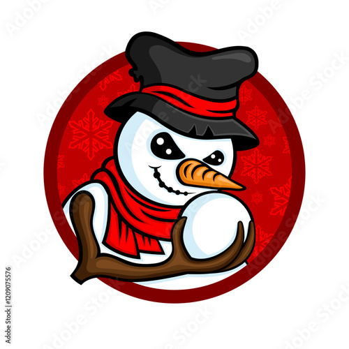 Red round icon with angry snowman on white background.