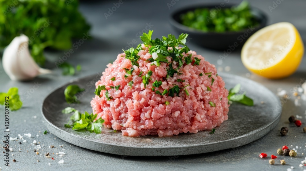 A close-up of raw minced meat, with finely ground beef piled in a neat mound on a metal surface, ready for burger patties or meatballs A close-up of raw minced meat, with finely ground beef piled in a neat mound on a metal surface, ready for burger patties or meatballs
