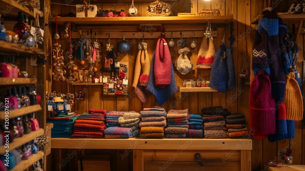 Obraz premium Cozy cabin shop displays winter woolens, ornaments; festive background