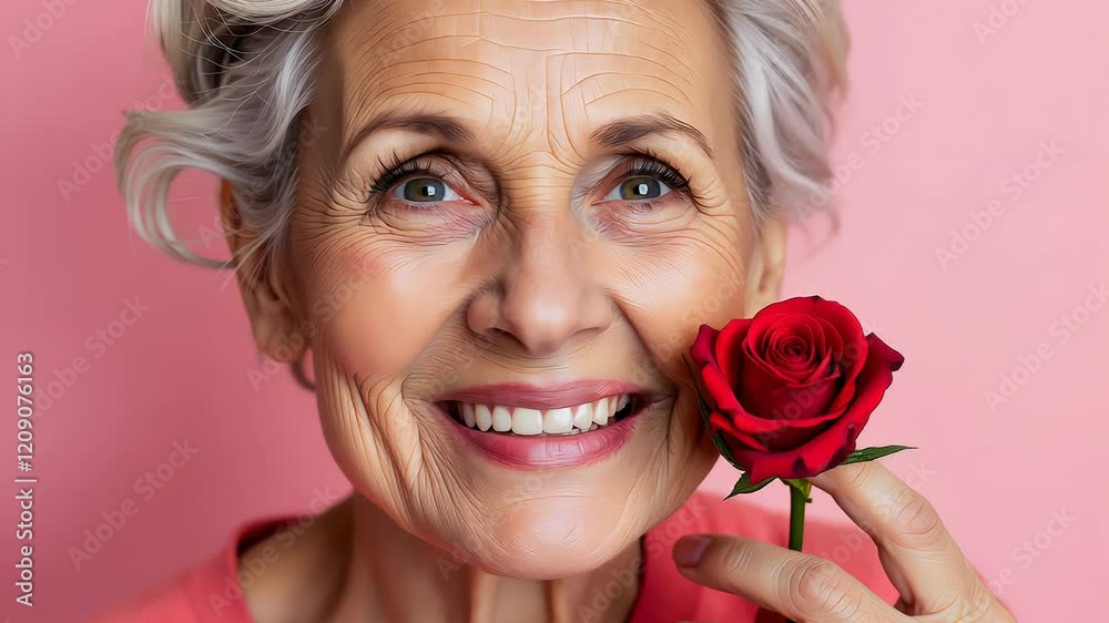 Joyful elderly woman with rose against pink background embracing grace and charm